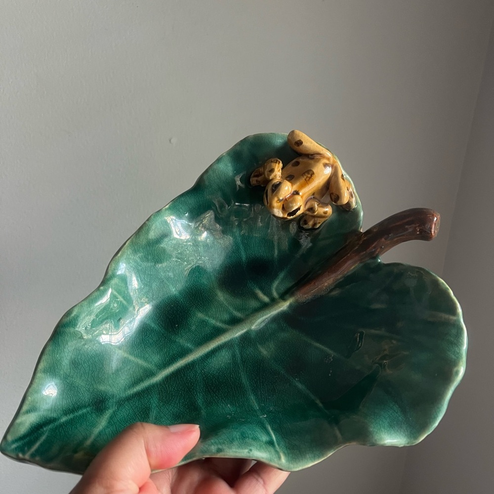 The Frog & the Lily Pad Handmade Handpainted Ceramic Leaf Whimsy Trinket Dish